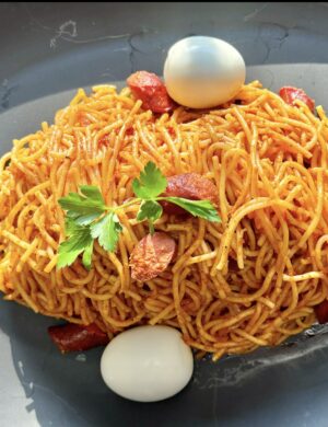 Haitian Style Spaghetti with beef kielbasa